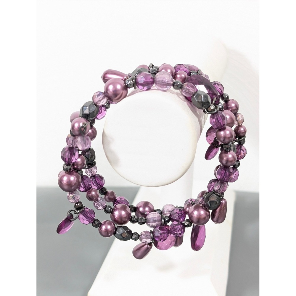 Purple Faux Pearl Acrylic Coil Wrap Bracelet Chunky Statement 8 inch